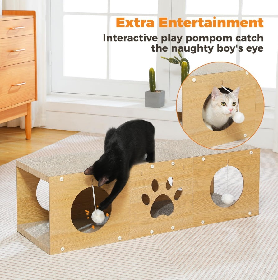 Multi-Hole Cat Tunnel with Scratching Board & Pom Pom Teaser