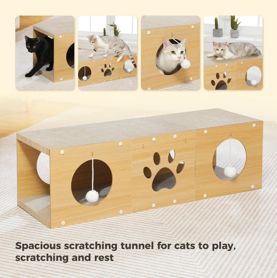 Multi-Hole Cat Tunnel with Scratching Board & Pom Pom Teaser
