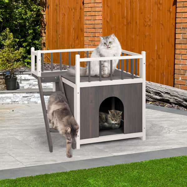 Outdoor 2-Tier Cat House with Climbing Ladder