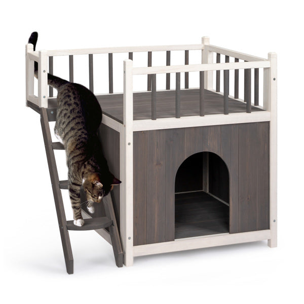 Outdoor 2-Tier Cat House with Climbing Ladder