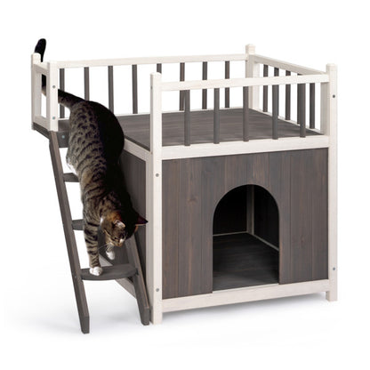 Outdoor 2-Tier Cat House with Climbing Ladder
