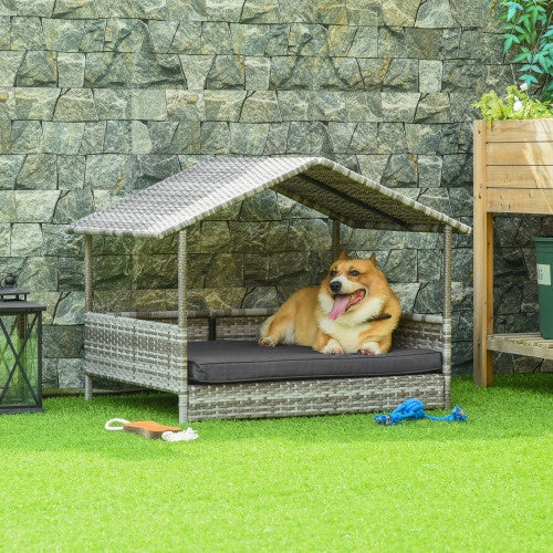 Outdoor Rattan Dog House with Canopy