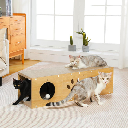 Multi-Hole Cat Tunnel with Scratching Board & Pom Pom Teaser